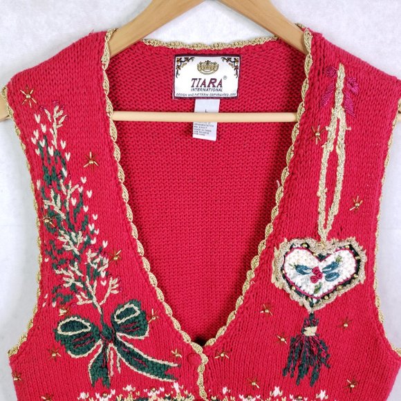 Tiara International Women's Large Red Knit Beaded Ugly Christmas Sweater Vest - Picture 3 of 12